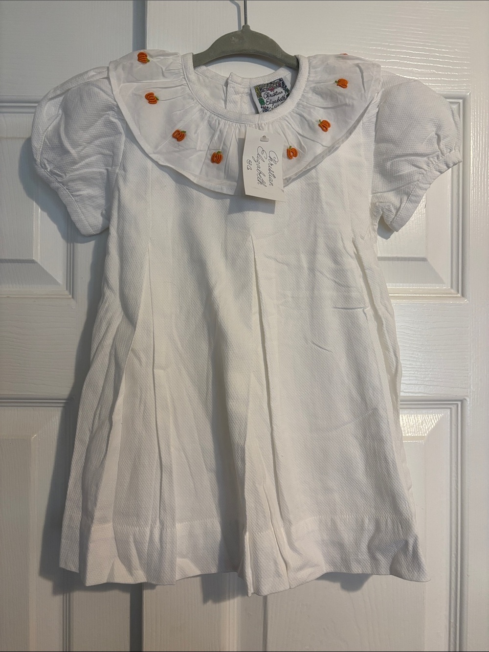 Girls' White Short Sleeve Dress with Orange Pumpkin Embroidery